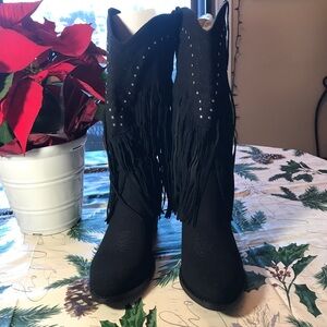 Black Fringe Western Boots By Dream Pairs Sueded Cowboy Boots W/Studs Blk Sz 7.5